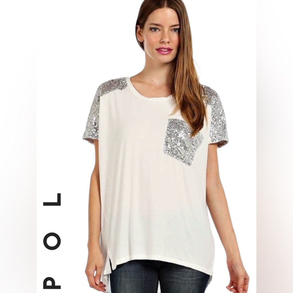 Pol Sequin Shoulder & Pocket Tee - Cream With Silver